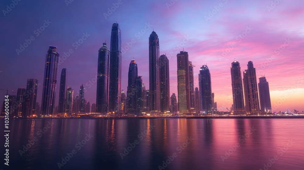 Fototapeta premium City Skyline with Tall Buildings Reflecting on Water at Sunset