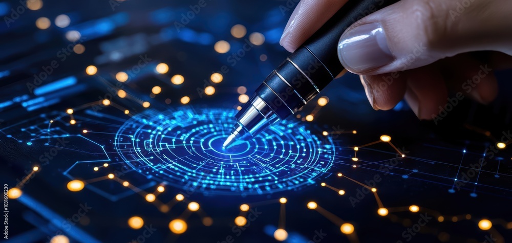A person utilizing a modern digital pen on a futuristic touchscreen interface. A person utilizing a modern digital pen on a futuristic touchscreen interface.