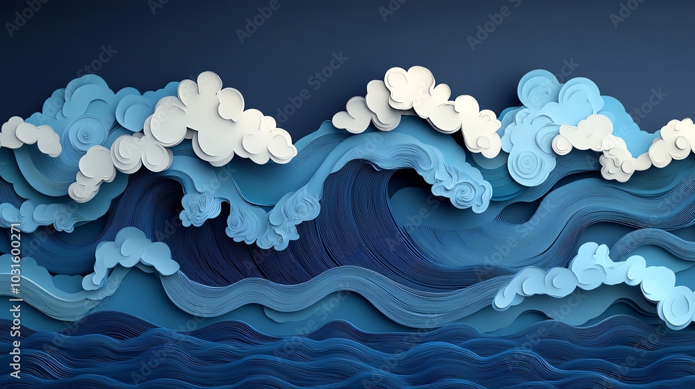 Stylized paper cut waves with clouds, showcasing intricate details in shades of blue and white, perfect for creative projects. Stylized paper cut waves with clouds, showcasing intricate details in shades of blue and white, perfect for creative projects.