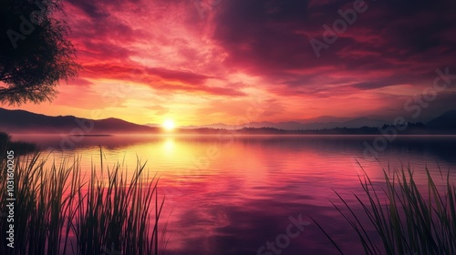 Silhouette lake with sunset sky, red and yellow hues.