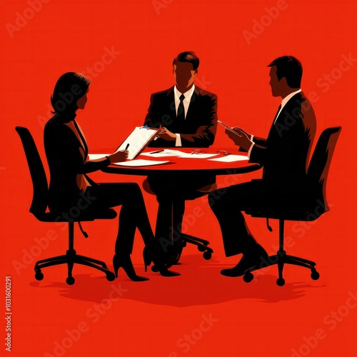 Three professionals engage in a focused discussion around a table, emphasizing collaboration and business strategy.