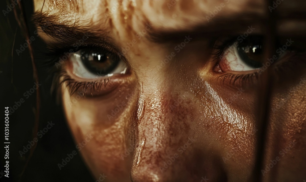 Close-up of a woman's face with tears.