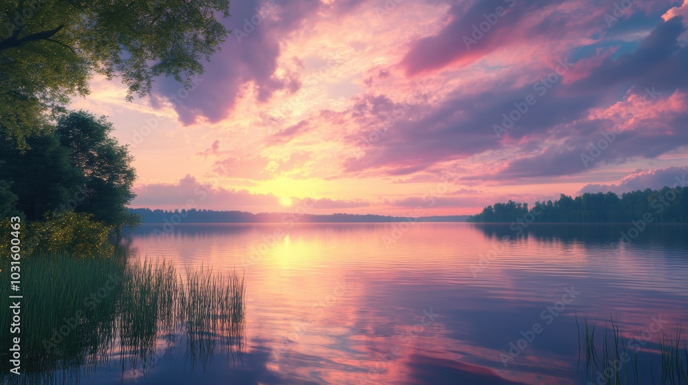 Pink sunset reflecting in lake water. Pink sunset reflecting in lake water.