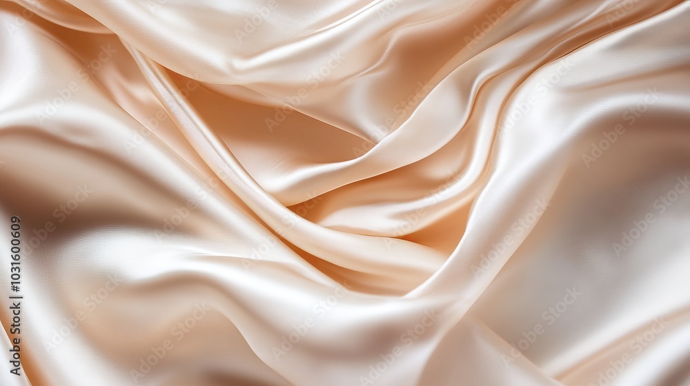 Fototapeta premium Elegant satin fabric with a beige color. Luxurious texture with soft folds. Festive wedding background design