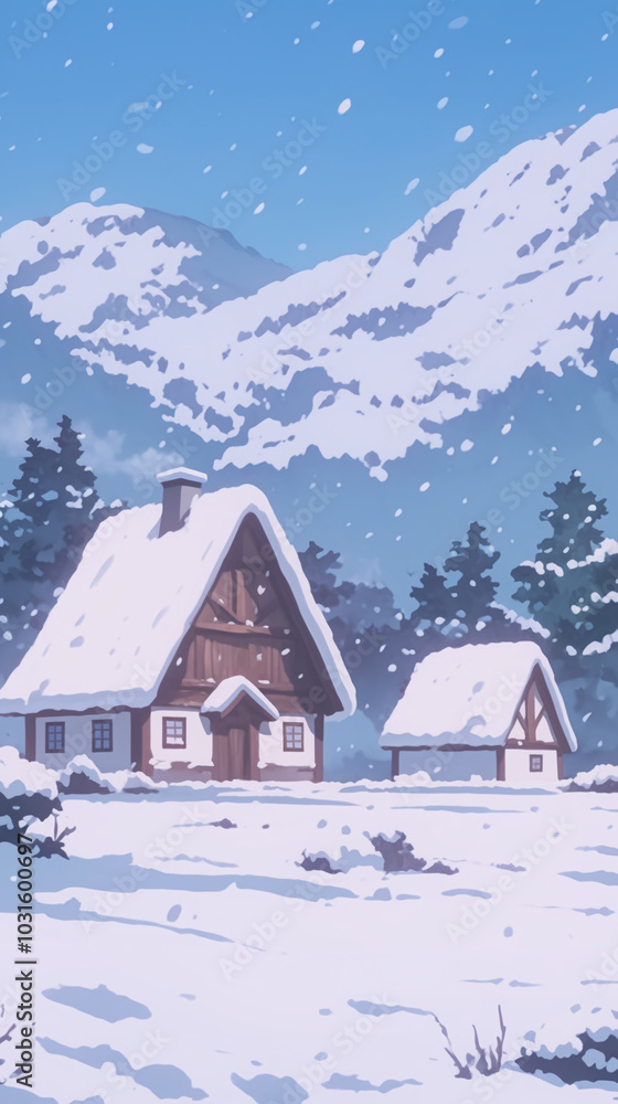 Winter Wonderland: Snowy Mountain Village with Charming Cabins Winter Wonderland: Snowy Mountain Village with Charming Cabins