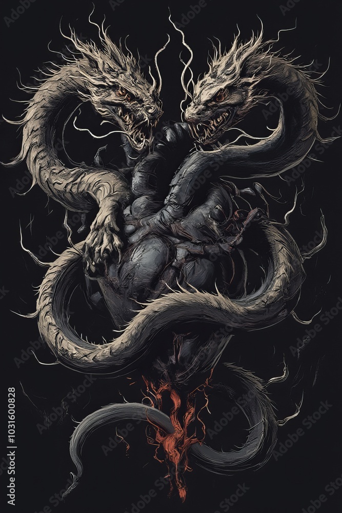 Fototapeta premium Dragons Twisting Around Black Heart - Mystical Dark Fantasy Design