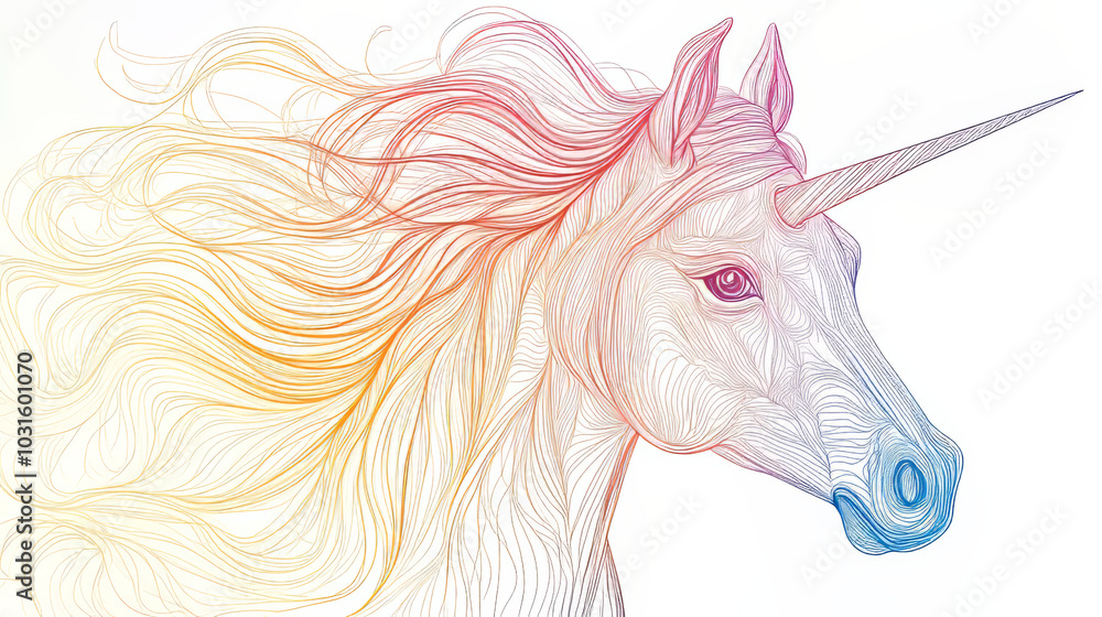 A single line drawing of a horse with a unicorn horn, creating a magical and whimsical illustration.continuous single one line art concept. A single line drawing of a horse with a unicorn horn, creating a magical and whimsical illustration.continuous single one line art concept.