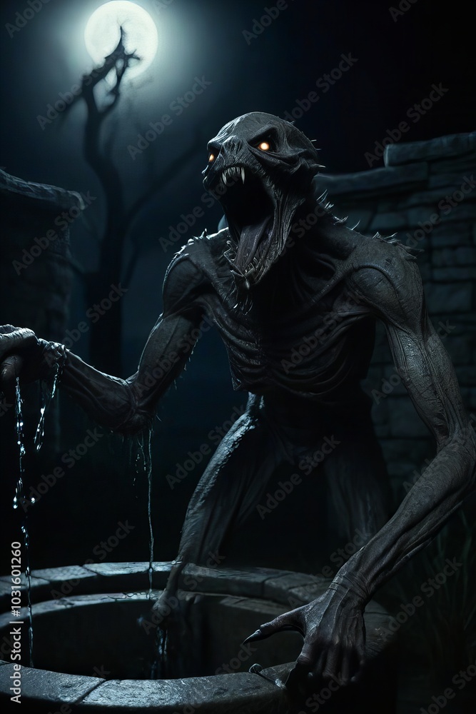 Terrifying Monster Emerging from a Dark Well - Horror Illustration Terrifying Monster Emerging from a Dark Well - Horror Illustration
