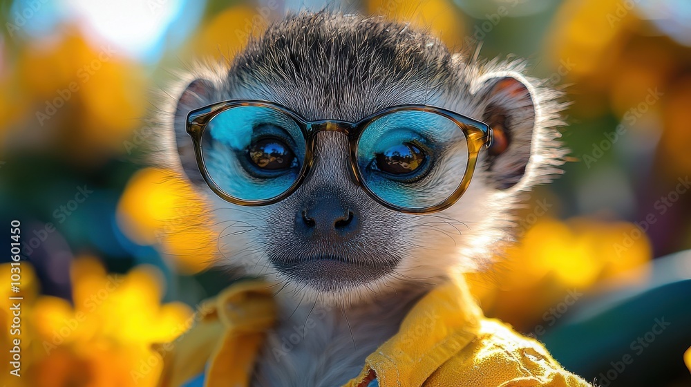A curious monkey wearing glasses poses for a playful capture amidst vibrant flowers in a sunny outdoor setting A curious monkey wearing glasses poses for a playful capture amidst vibrant flowers in a sunny outdoor setting