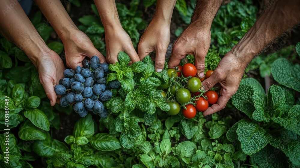 Four hands reach for grapes, tomatoes, and herbs in a garden. Four hands reach for grapes, tomatoes, and herbs in a garden.