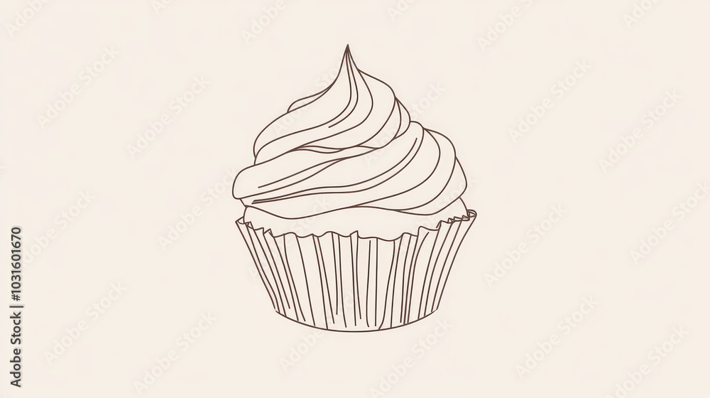 A simple, continuous line drawing of a cupcake, perfect for a coffee shop or bakery logo.Design is a silhouette of a pastry, making it a sleek and modern look.continuous single one line art concept. A simple, continuous line drawing of a cupcake, perfect for a coffee shop or bakery logo.Design is a silhouette of a pastry, making it a sleek and modern look.continuous single one line art concept.