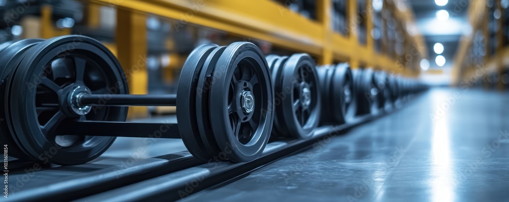Fototapeta premium Industrial Train Wheels in Long Perspective Inside a Factory Hall with Bright Lighting