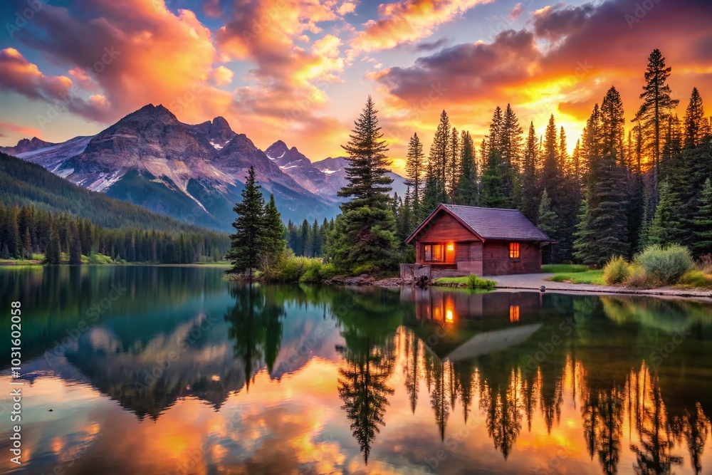 Fototapeta premium Serene Sunset Cabin Reflections at Mountain Lake - Nature's Peaceful Retreat