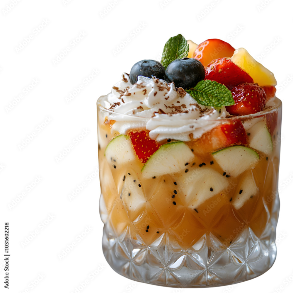 A glass of yogurt with berries and a strawberries in it
A glass of yogurt with berries and a strawberries in it