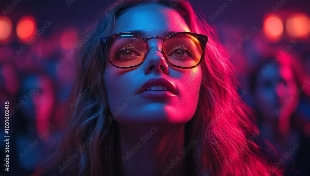 A young woman in glasses gazes upward, illuminated by colorful stage lights. A young woman in glasses gazes upward, illuminated by colorful stage lights.