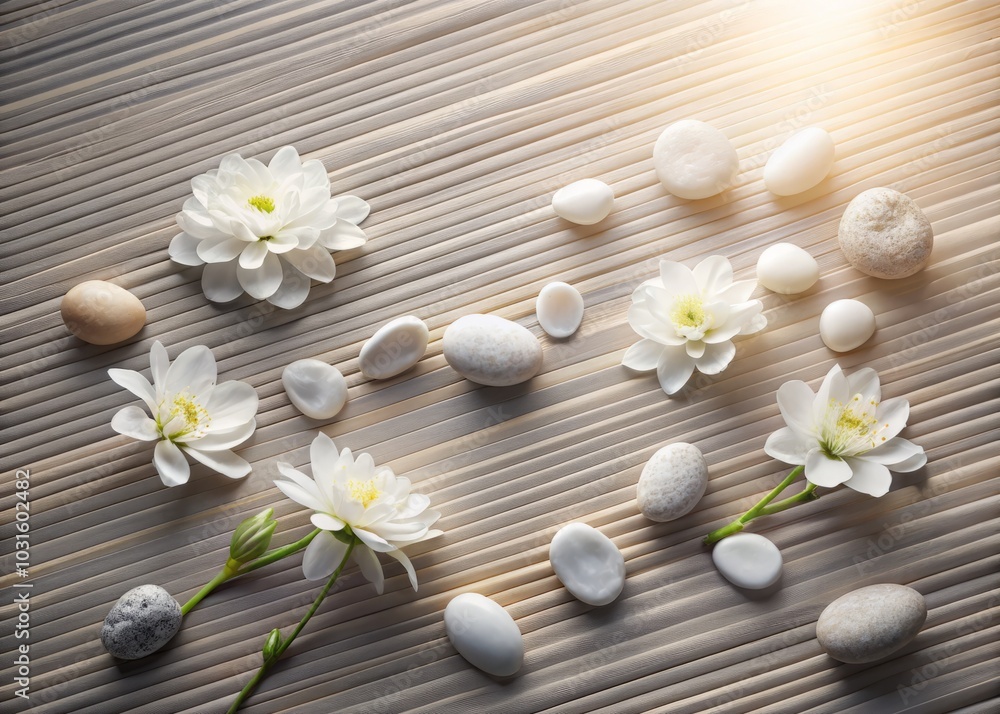 Minimalist Flat Lay of White Flowers and Stones on Diagonal Lines Background with Optical Flares for Modern Aesthetic and Tranquil Vibes in Interior Design and Decor Minimalist Flat Lay of White Flowers and Stones on Diagonal Lines Background with Optical Flares for Modern Aesthetic and Tranquil Vibes in Interior Design and Decor