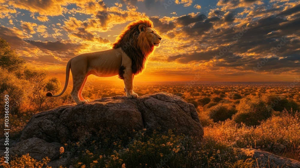 Majestic Lion Standing on a Rock Against a Sunset Sky Majestic Lion Standing on a Rock Against a Sunset Sky