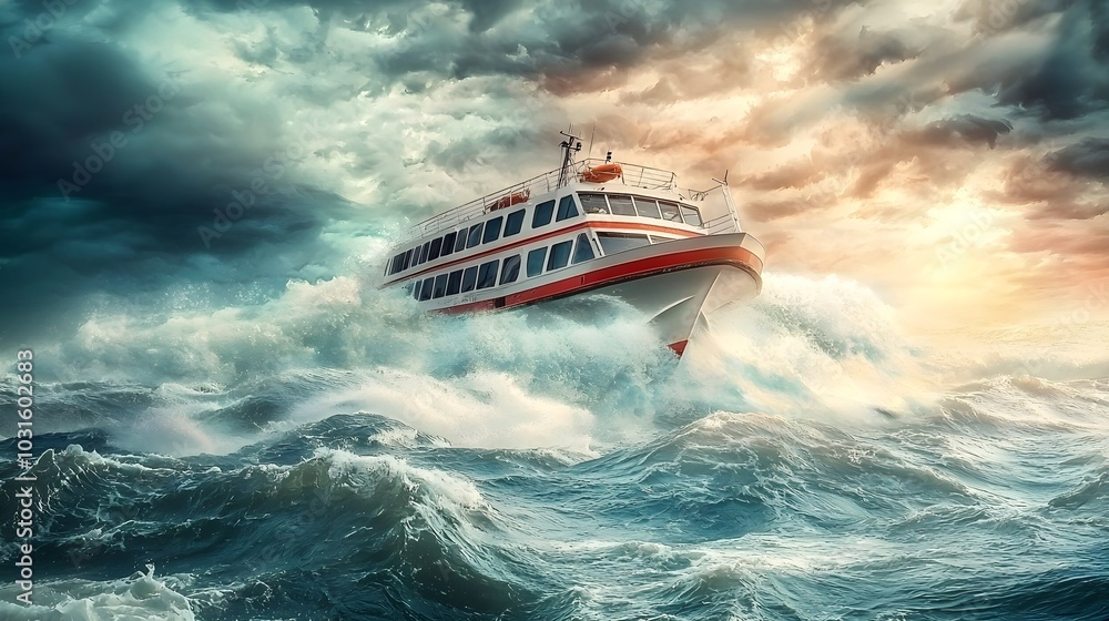 Fototapeta premium Hydro-Powered Ship Navigating Turbulent Seas