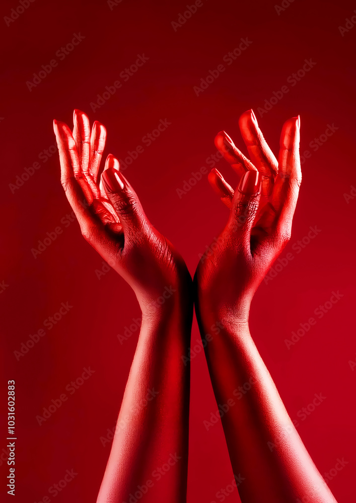 Female hands in red paint on a red background. Female hands in red paint on a red background.