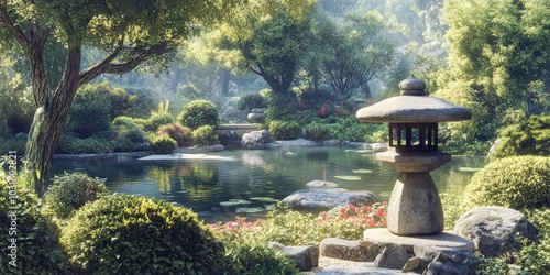 Japanese garden with a stone lantern and pond.