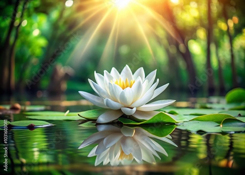 Serene White Lotus in Tranquil Pond - Nature's Beauty and Peaceful Waterscape
