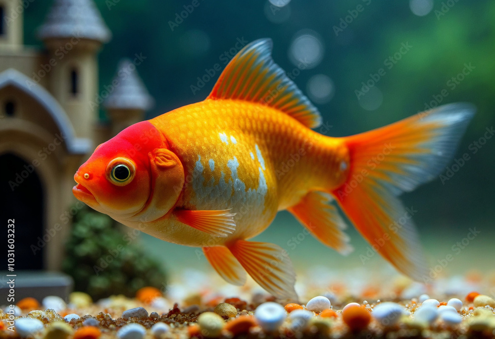Close up of orange Oranda goldfish with white patches near decorative castle in aquarium with bubbles Close up of orange Oranda goldfish with white patches near decorative castle in aquarium with bubbles