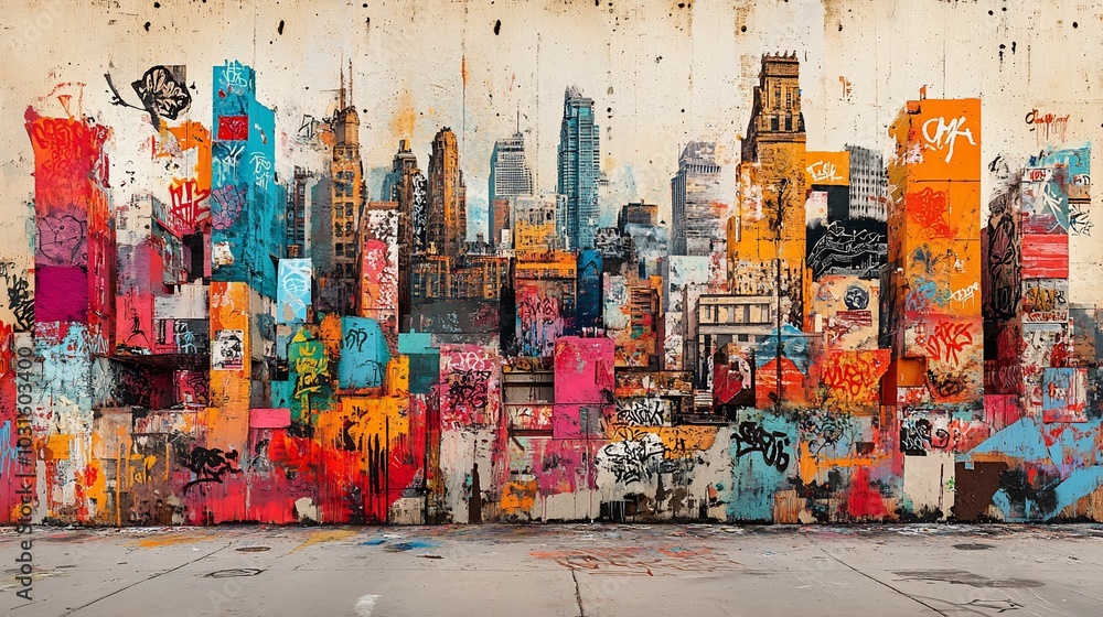 Fototapeta premium Colorful urban cityscape mural on a concrete wall with spray paint and graffiti.