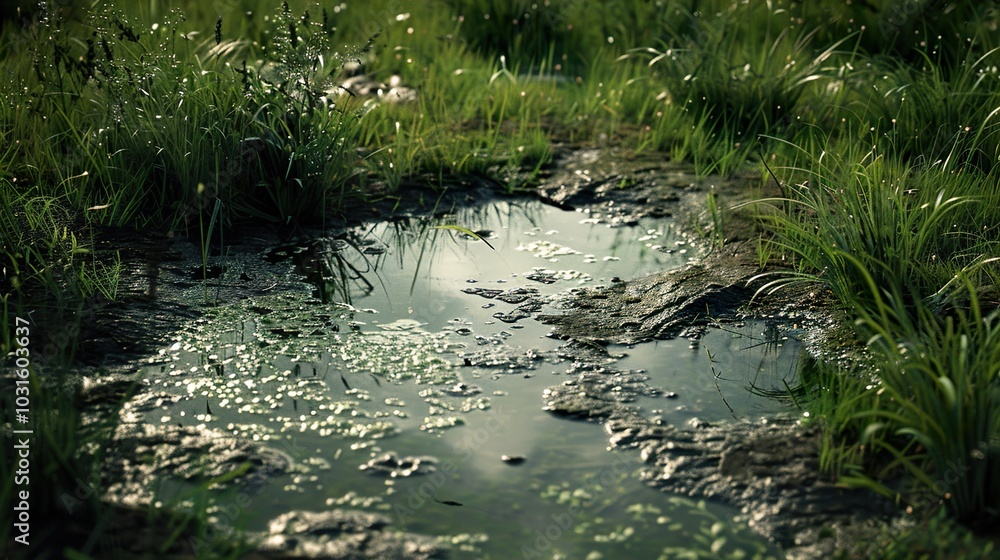 Tranquil Puddle in a Lush Green Meadow Tranquil Puddle in a Lush Green Meadow
