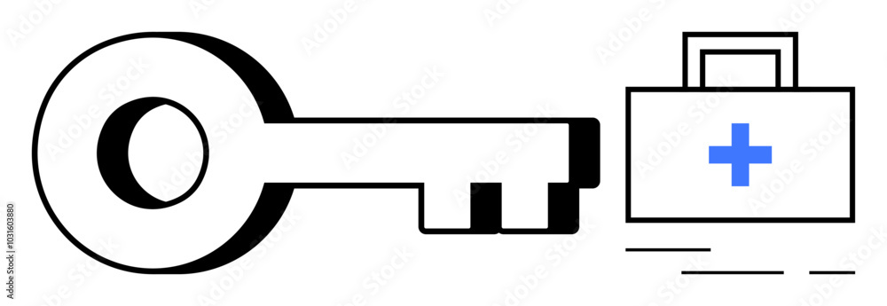 A black key next to a medical case with a blue cross. Ideal for healthcare, medical access, security, emergency services, and health insurance themes. Clean vector style A black key next to a medical case with a blue cross. Ideal for healthcare, medical access, security, emergency services, and health insurance themes. Clean vector style
