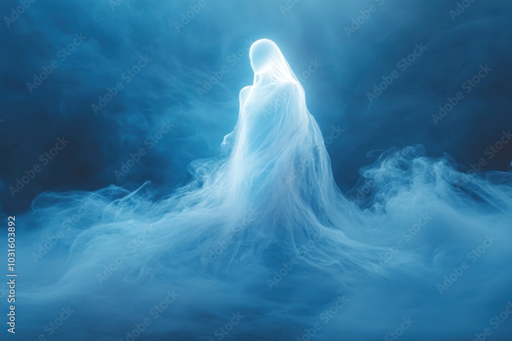 A ghostly figure is floating in the air above a blue sky A ghostly figure is floating in the air above a blue sky