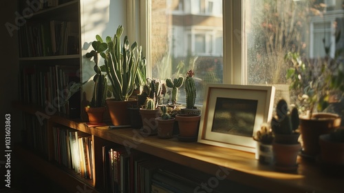 Sunlit Windowsill with Succulents and a Bookcase