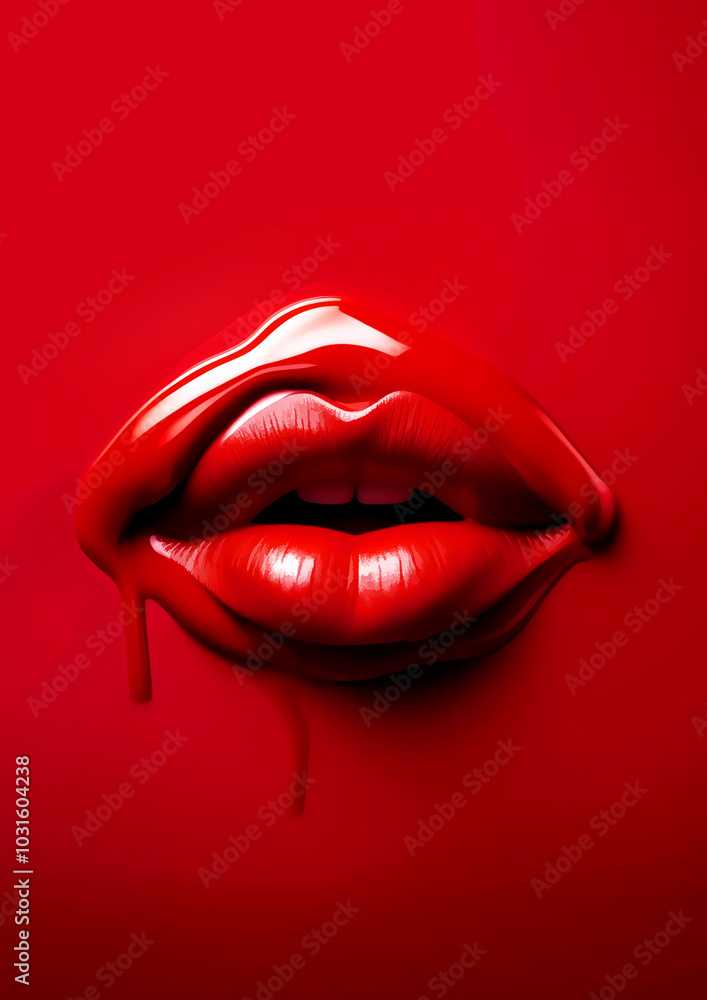 Naklejka premium Close up of female lips with glossy red lipstick on red background.