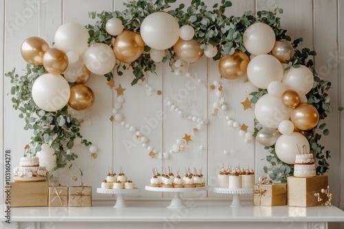 A white and gold themed party with balloons and a cake