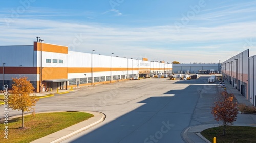 Large warehouse and industrial park scene, manufacturing buildings in view. 