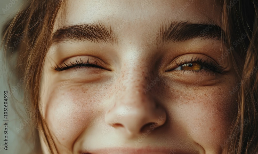 Close-up portrait of woman with freckles. Close-up portrait of woman with freckles.