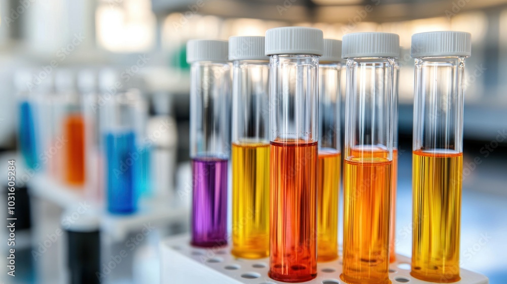 Close-up of Test Tubes Filled with Colorful Liquids in a Laboratory Setting Close-up of Test Tubes Filled with Colorful Liquids in a Laboratory Setting