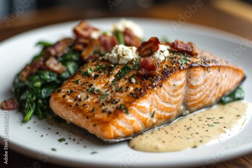 A plate of salmon with bacon and spinach