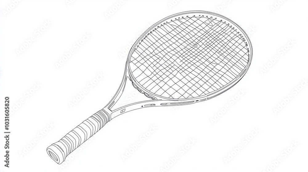 A simple, continuous line drawing of a tennis racket. It's a clean, modern design representing tennis, competition, and sports.continuous single one line art concept. A simple, continuous line drawing of a tennis racket. It's a clean, modern design representing tennis, competition, and sports.continuous single one line art concept.