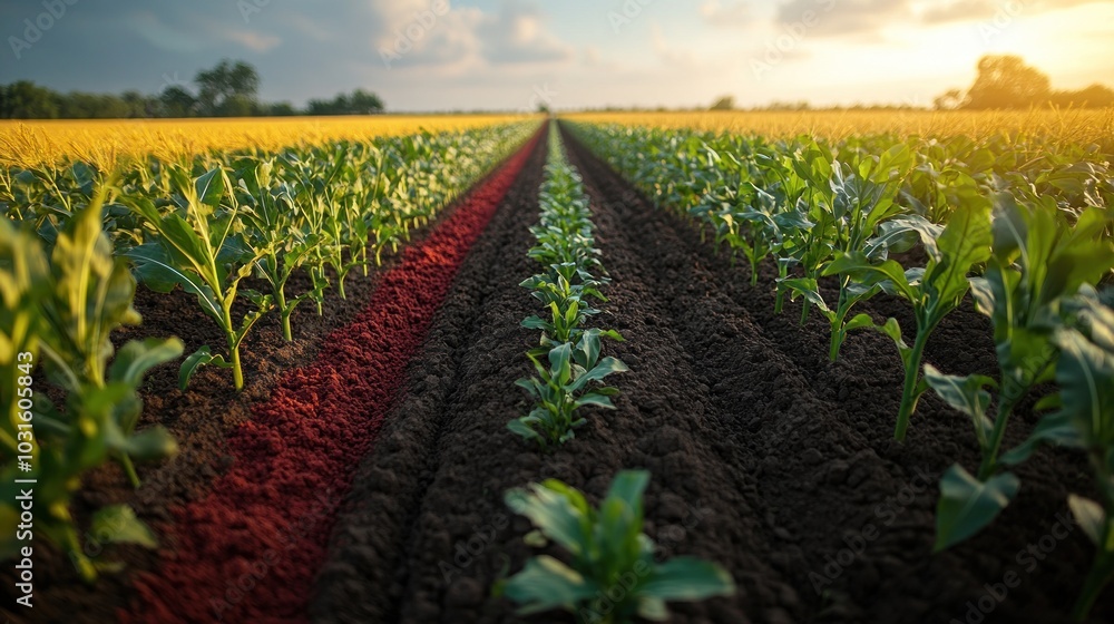 Rows of young corn plants in a field at sunset. Rows of young corn plants in a field at sunset.