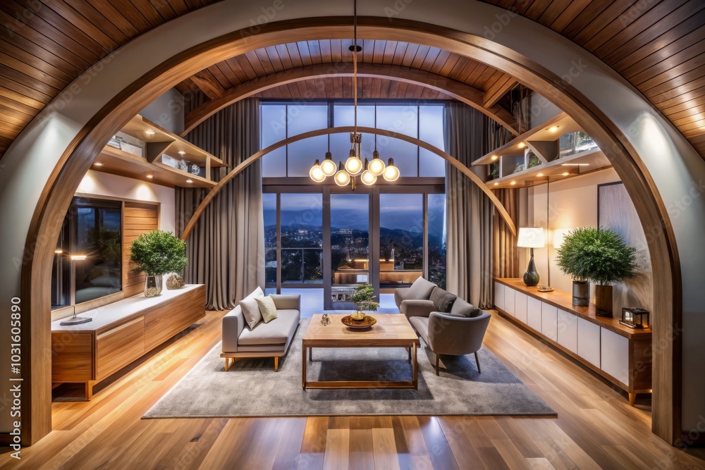 Obraz premium Modern Interior Design at Night: Wooden Arch, White Walls, Cozy Ambiance, Trendy Decor, Elegant Lighting, Contemporary Style, Minimalist Aesthetic, Chic Home, Stylish Living Space