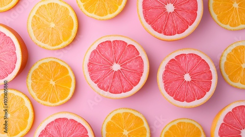 Grapefruit slices creating a dynamic and colorful background, radiant pink pulp and bright yellow peels, juicy citrus pattern, Fresh citrus, Colorful fruit backdrop