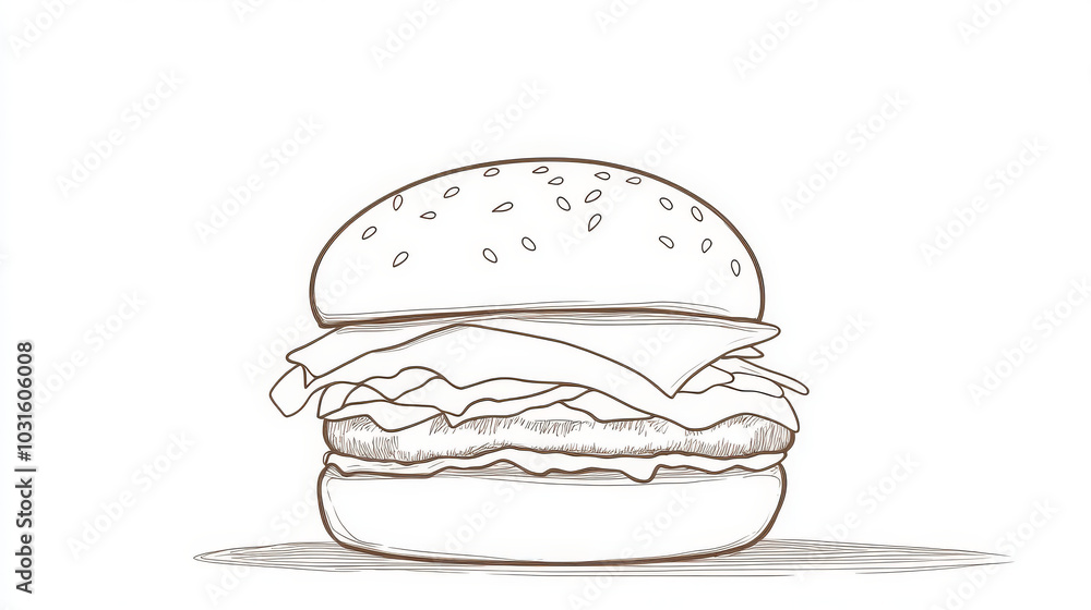A simple, continuous line drawing of a cheeseburger. It shows the outline of the burger, cheese, lettuce, and buns.continuous single one line art concept. A simple, continuous line drawing of a cheeseburger. It shows the outline of the burger, cheese, lettuce, and buns.continuous single one line art concept.