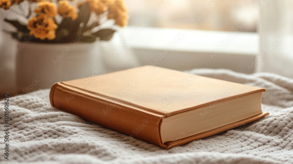 A Golden-Bound Book Resting on a White Knit Blanket