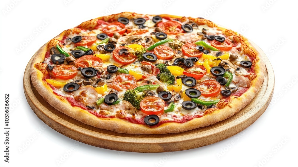 An artisanal veggie pizza with colorful toppings, artfully arranged on a wooden tray, isolated on a white background for a fresh look. An artisanal veggie pizza with colorful toppings, artfully arranged on a wooden tray, isolated on a white background for a fresh look.