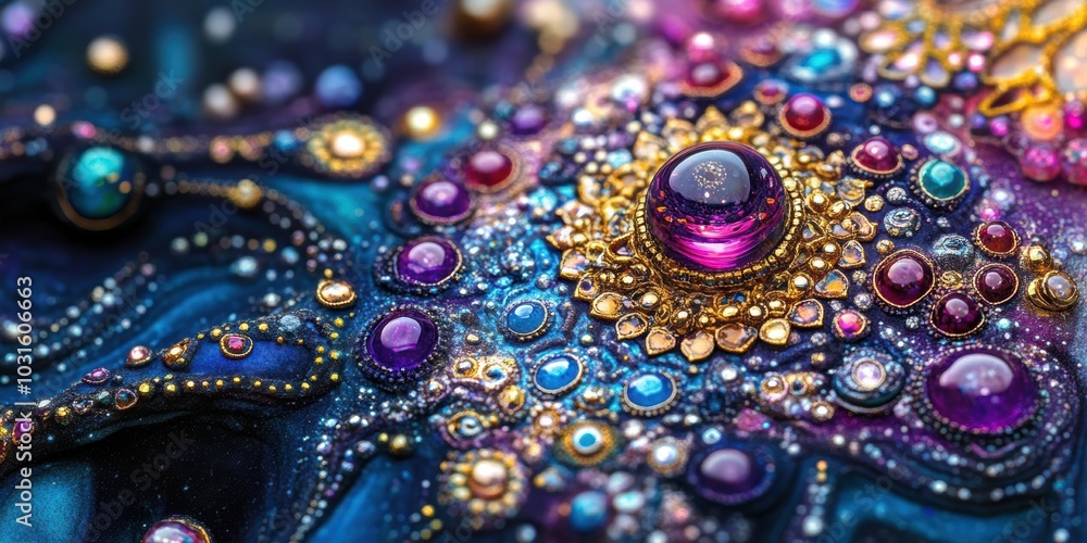 Purple gem, gold, and colorful stones on dark surface. Purple gem, gold, and colorful stones on dark surface.