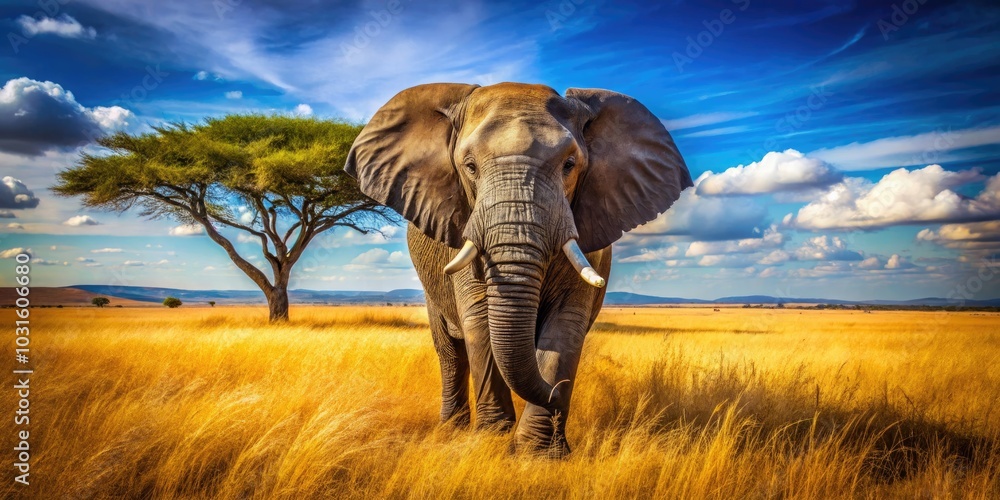 Fototapeta premium Majestic Elephant Gazing in the African Steppe: A Stunning Wildlife Scene in Natural Habitat, Perfect for Nature Lovers and Animal Enthusiasts, Capturing the Essence of African Wildlife Photography