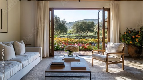 Bright sunlit room with modern decor and open folding doors revealing a vibrant flower garden outside.