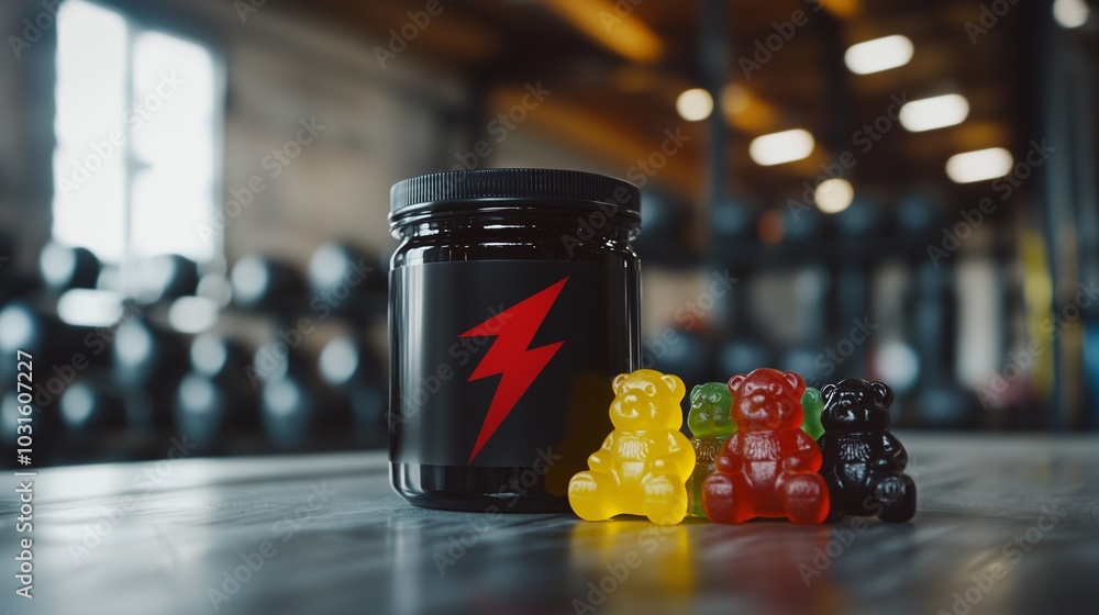 Gummies and jar in gym setting symbolize energy boost from testosterone supplements. Gummies and jar in gym setting symbolize energy boost from testosterone supplements.