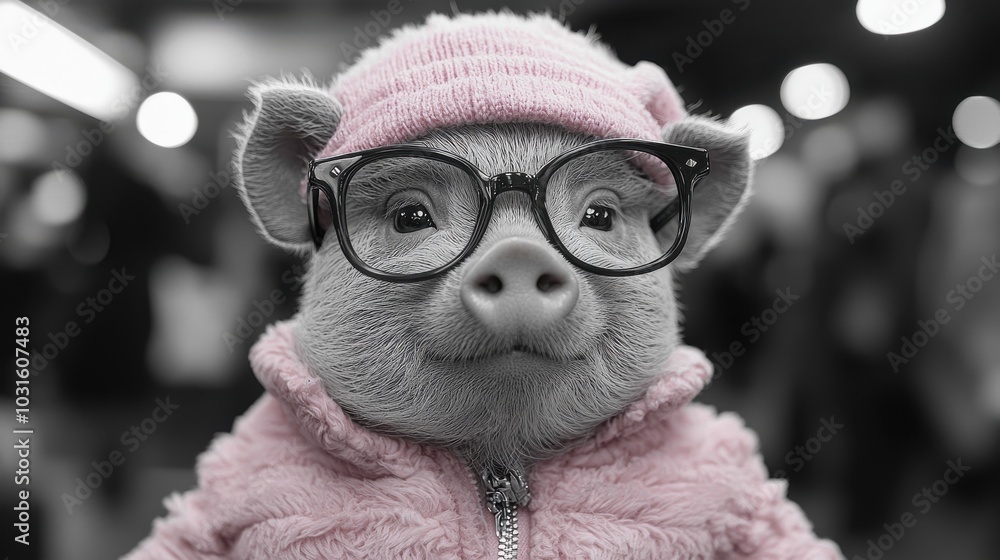 Fototapeta premium A fashionable pig wearing glasses and a pink outfit poses playfully at a bustling indoor location during a lively event