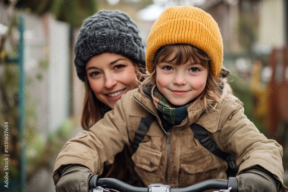 A kid on a bicycle or scooter with his mother supporting him.
A kid on a bicycle or scooter with his mother supporting him.